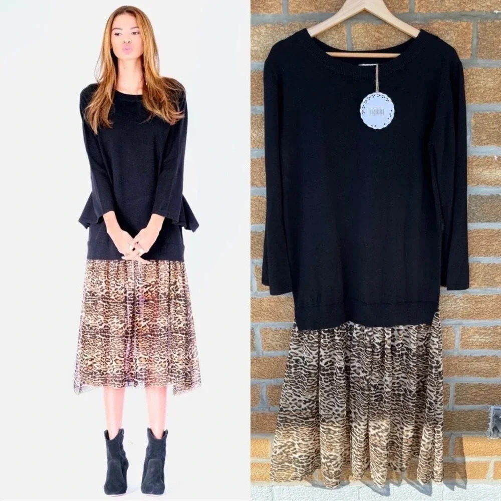 Muche Et Muchette Womens Knit Sweater Dress One Size Chiffon Layered Leopard